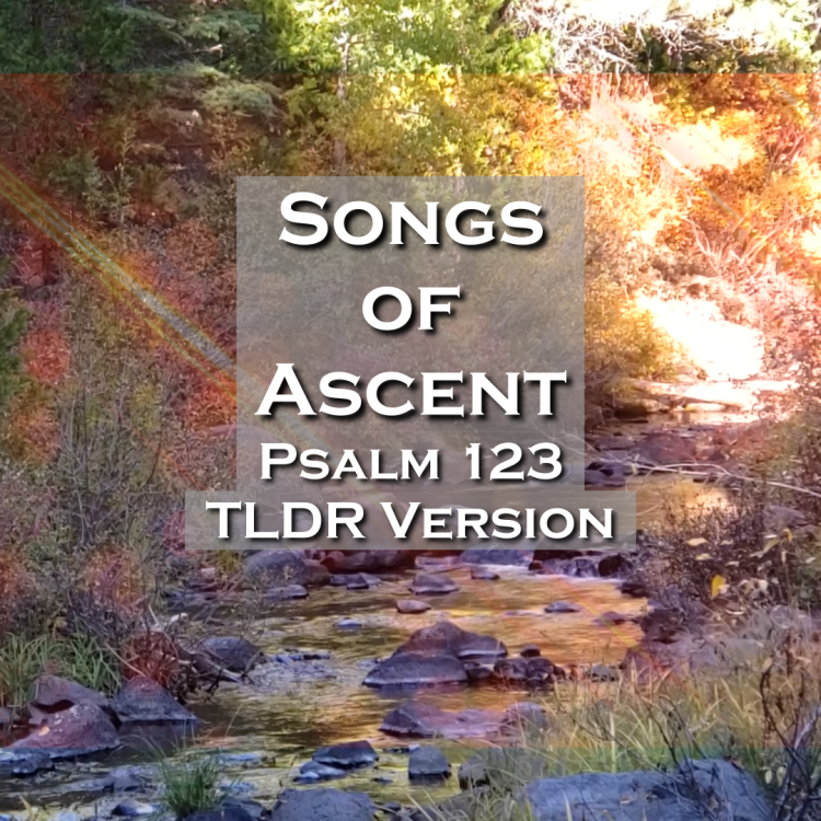 An artistic representation of a serene stream surrounded by lush greenery, overlaid with text that reads 'Songs of Ascent, Psalm 123, TLDR Version'.